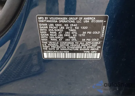 2020 Volkswagen Atlas Cross Sport 3.6L V6 Se W/Technology/3.6L V6 Se W/Technology R-Line из США, поврежденный, VIN 1V25E2CA0LC221526